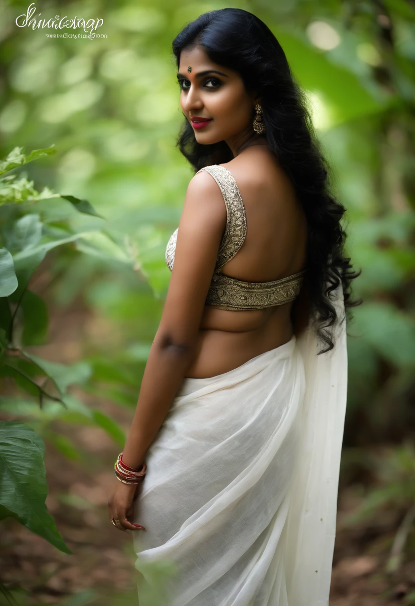 A woman in a white sari posing for a picture - SeaArt AI