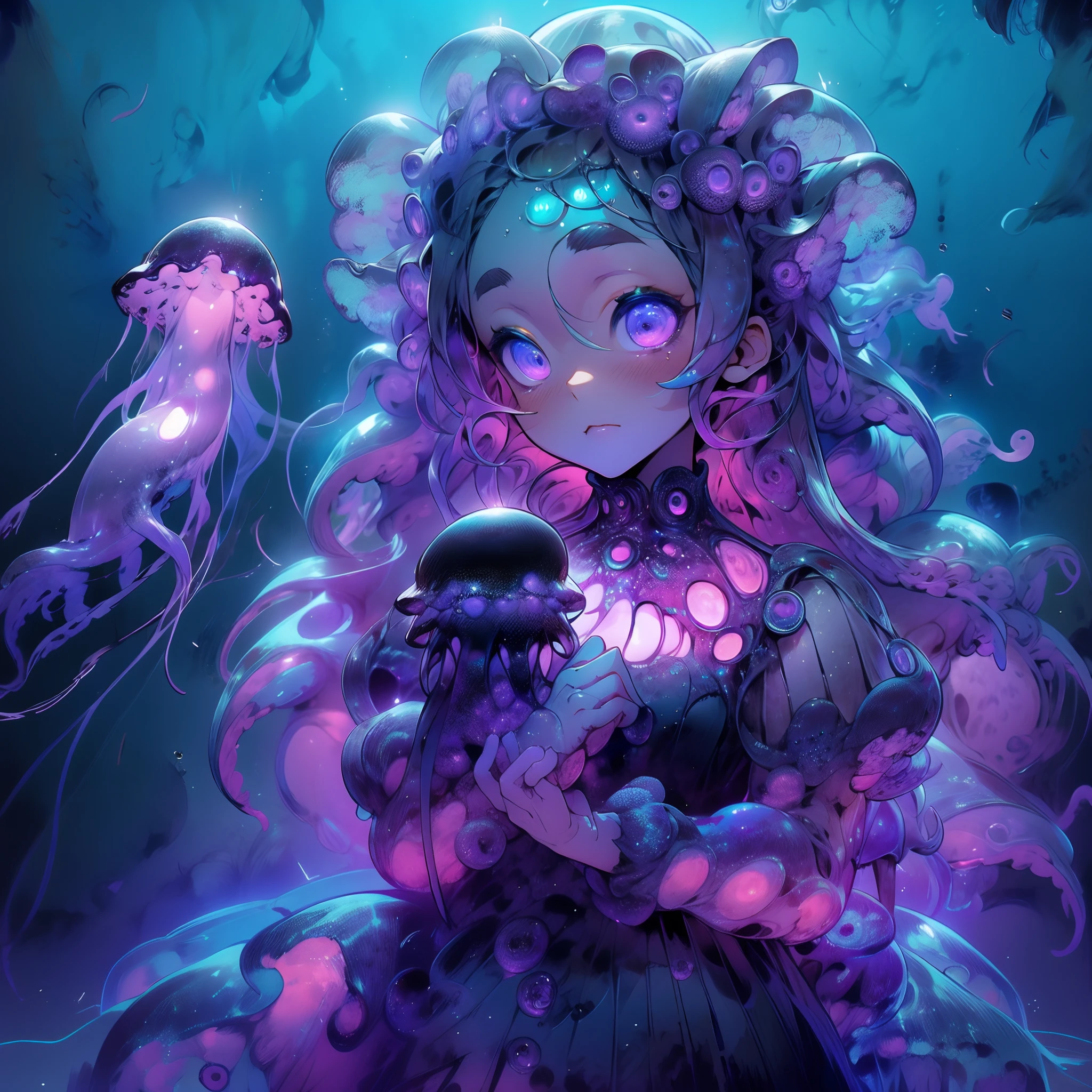 クラゲのドレスを着た女の子. 黒いクラゲと紫色の輝き. 紫色の発光体に並ぶ黒い触手. 深海.