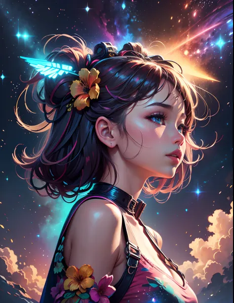 Girl standing in the clouds staring up as the stars, stars floating around her, brilliant colors, amazing swirls of cosmic dust,...