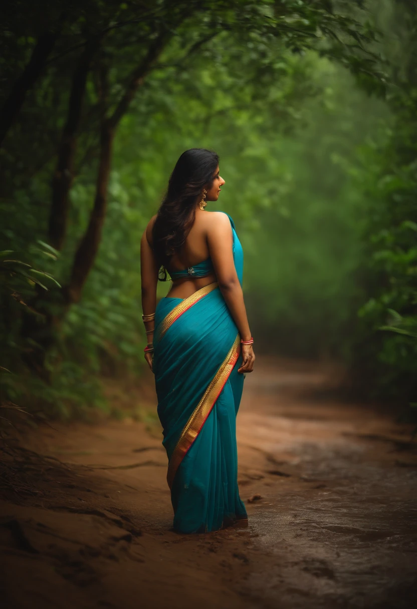 back side photo without face. Long focus. Far away kerla big boobed , curvy  girl in saree