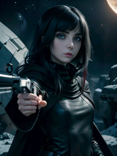 ((emo_hairstyle)), (((Jessica_Faulkner))), tronwear, pale skin, tight black cloak, pale blue eyes, aiming gun, long hair, straight hair, long bob, (((black hair))), white skin, pale, white, spaceship, moon, leather turtleneck, Milky Way Galaxy, pointing at viewer, long bob hairstyle, swept bangs, (best quality, 8k, masterpiece:1.2, ultra-detailed, realistic, photorealistic)