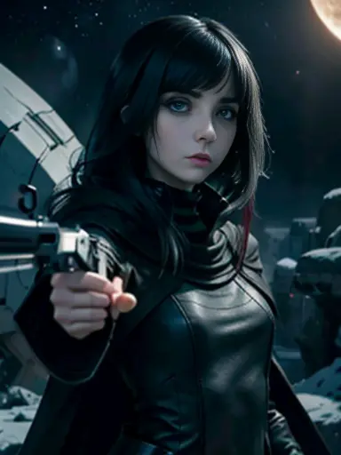 ((emo_hairstyle)), (((Jessica_Faulkner))), tronwear, pale skin, tight black cloak, pale blue eyes, aiming gun, long hair, straig...