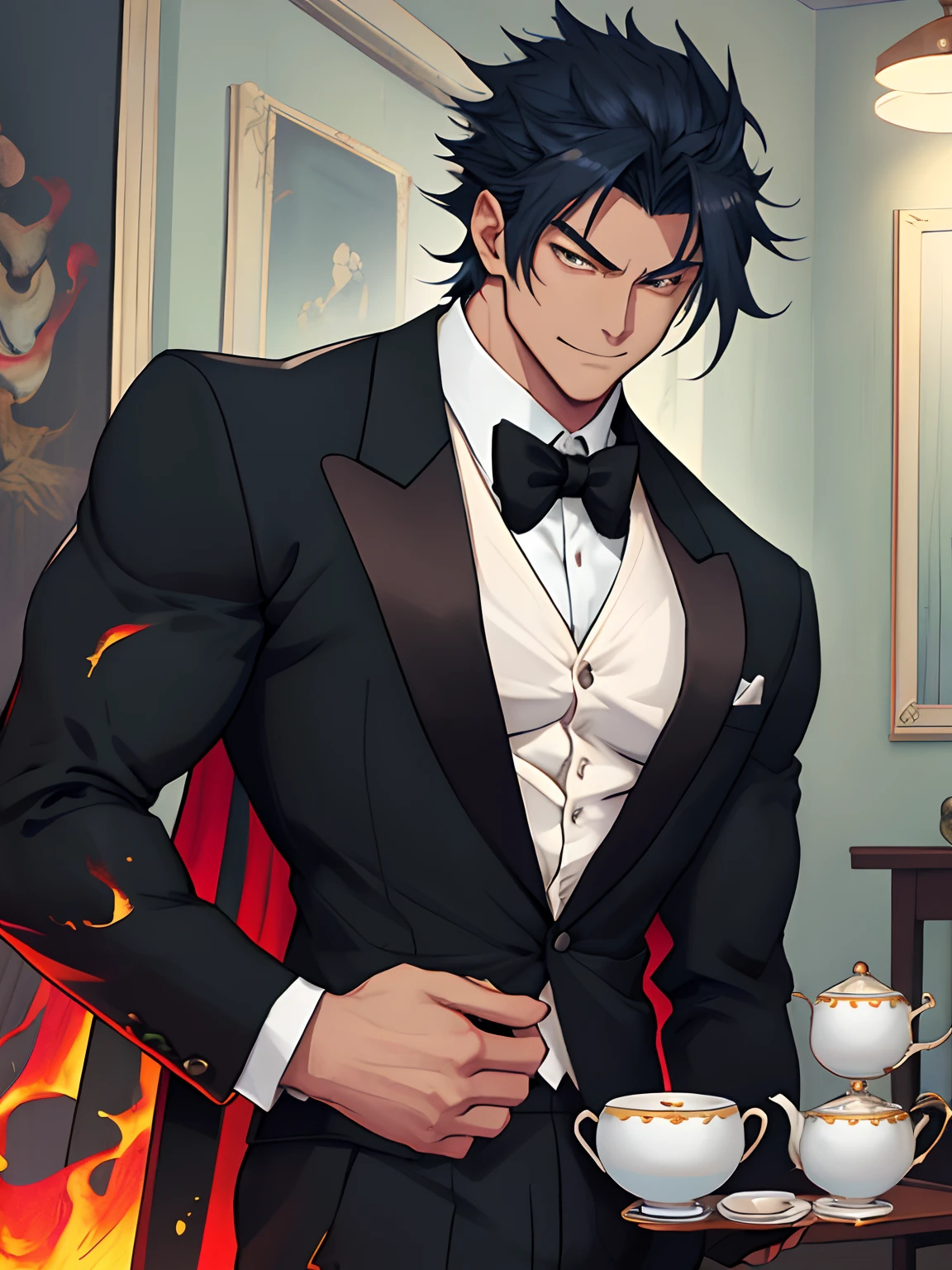 Anime guy in a tuxedo with a cup of coffee - SeaArt AI