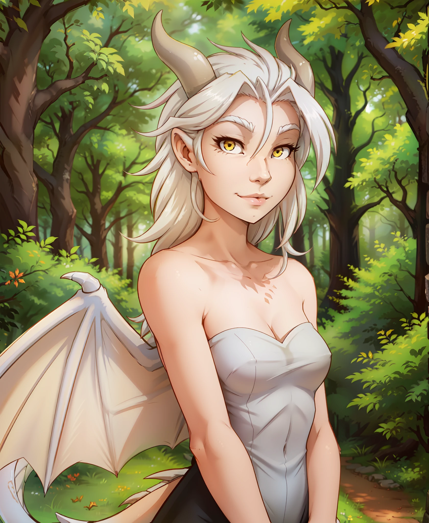 human-nora, twokinds, by tom_fischbach,, (best quality, masterpiece:1), full body ,solo, female human, yellow eyes, white hair, portrait, looking at viewer, horns, scalie, dragon wings, dragon tail, dragon humanoid, (outdoors dark forest trees blurry blurred background:1.1),