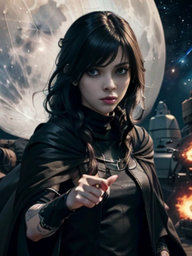 ((emo_hairstyle)), (((Jessica_Faulkner))), tronwear, pale skin, tight black cloak, pale blue eyes, aiming gun, long hair, straight hair, long bob, (((black hair))), white skin, pale, white, spaceship, gun, moon, leather turtleneck, Milky Way Galaxy, pointing at viewer, weapon, long bob hairstyle, swept bangs, (best quality, 8k, masterpiece:1.2, ultra-detailed, realistic, photorealistic)