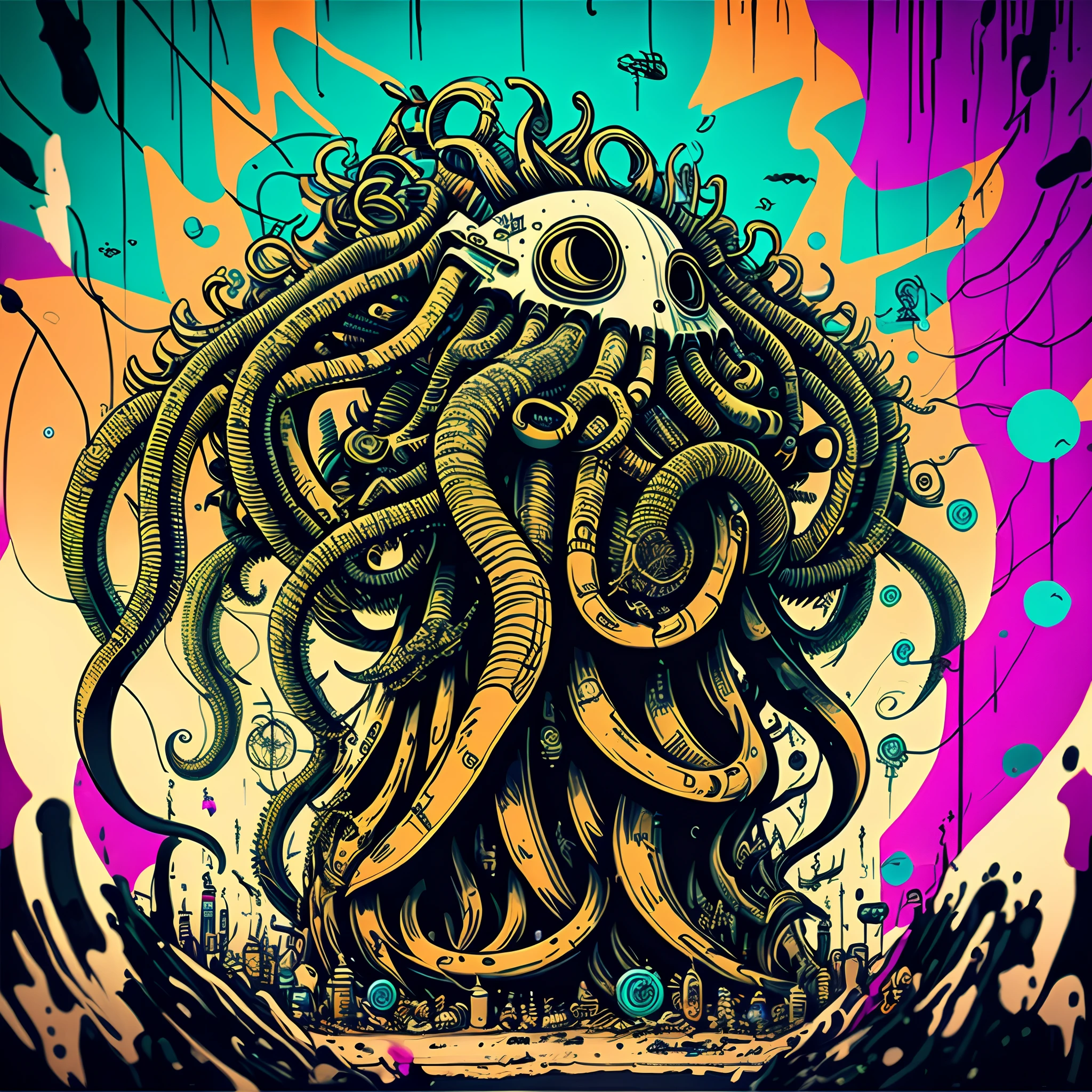 Cyberpunk kraken holding 8 different technologies in a graffiti style ...