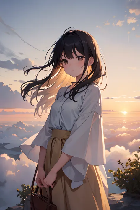 Create an illustration capturing the breathtaking view of a sea of clouds during sunrise from a mountaintop. The sky is painted in hues of gold, casting a warm and ethereal glow over the entire scene. The clouds below, gently illuminated by the morning lig...
