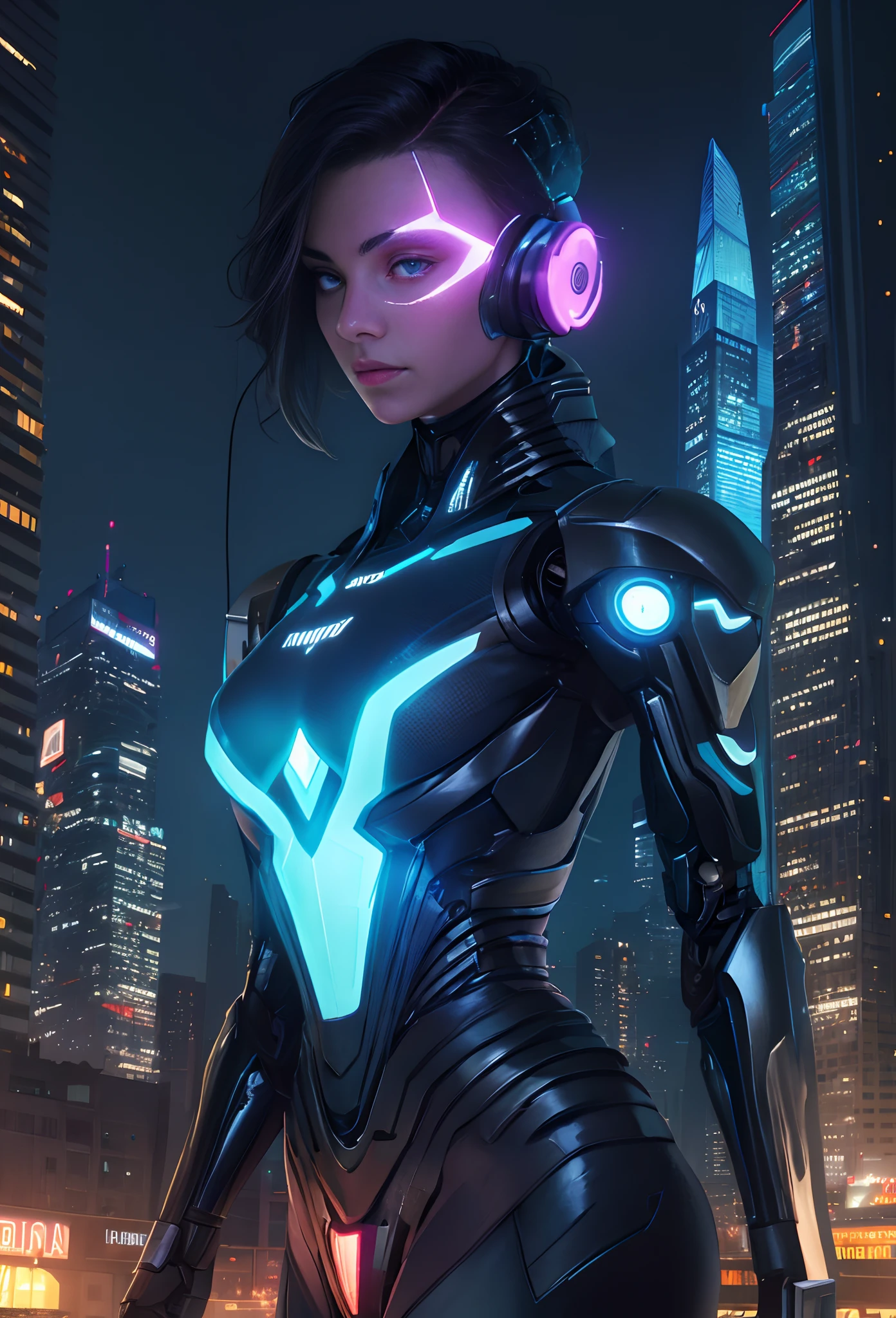 The magazine cover should feature a Caucasia cyborg character seamlessly integrated into a cutting-edge, futuristic cityscape. Use a holographic overlay effect to make the character and city glow with a surreal and modern allure. Incorporate augmented reality elements that readers can interact with using their smartphones to access additional digital content.