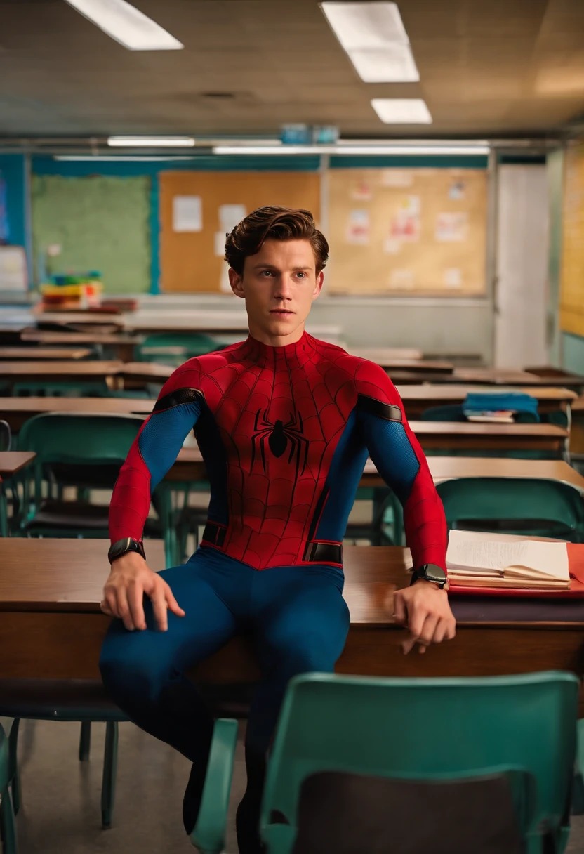 Spider - man sitting on a desk in a classroom with desks - SeaArt AI