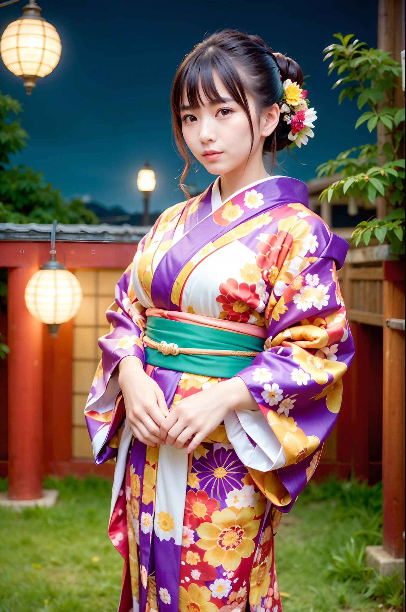 woman, (wearing colorful kimono_clothes:1.3), holiday,
good hand,4k, high-res, masterpiece, best quality, head:1.3,((Hasselblad photography)), finely detailed skin, sharp focus, (cinematic lighting), night, soft lighting, dynamic angle, [:(detailed face:1.2):0.2], medium breasts, outside,