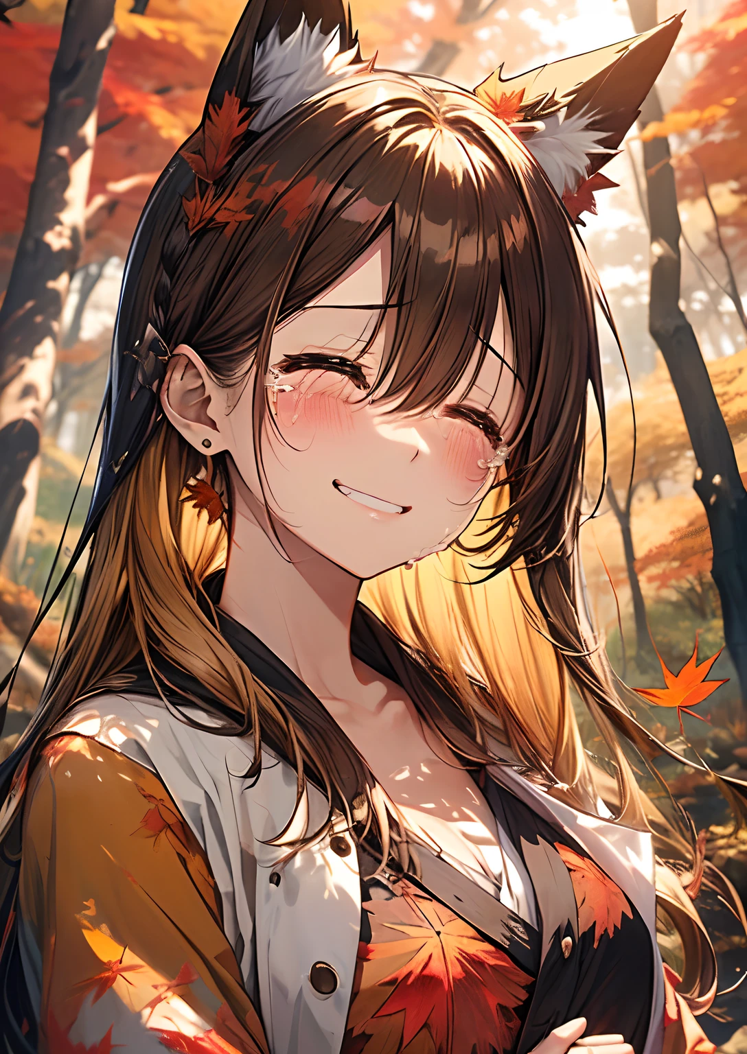 absurderes, ultra-detailliert,bright colour, (1girl in:1.4),(A forest with very beautiful autumn leaves:1.5),extremely beautiful detailed anime face and eyes, (Fox personification:1.3),Blushing、Yellow skin、(Brown Smooth Straight Hair:1.3)、Bright kimono based on yellow、Lots of autumn leaves、(Autumn Dusk 1.3)、Orange view、Shiny hair,depth of fields, Delicate beautiful face,White skin, hair clips, earrings,(Close your eyes、Crying sad smile:1.5),(double tooth:1.1)