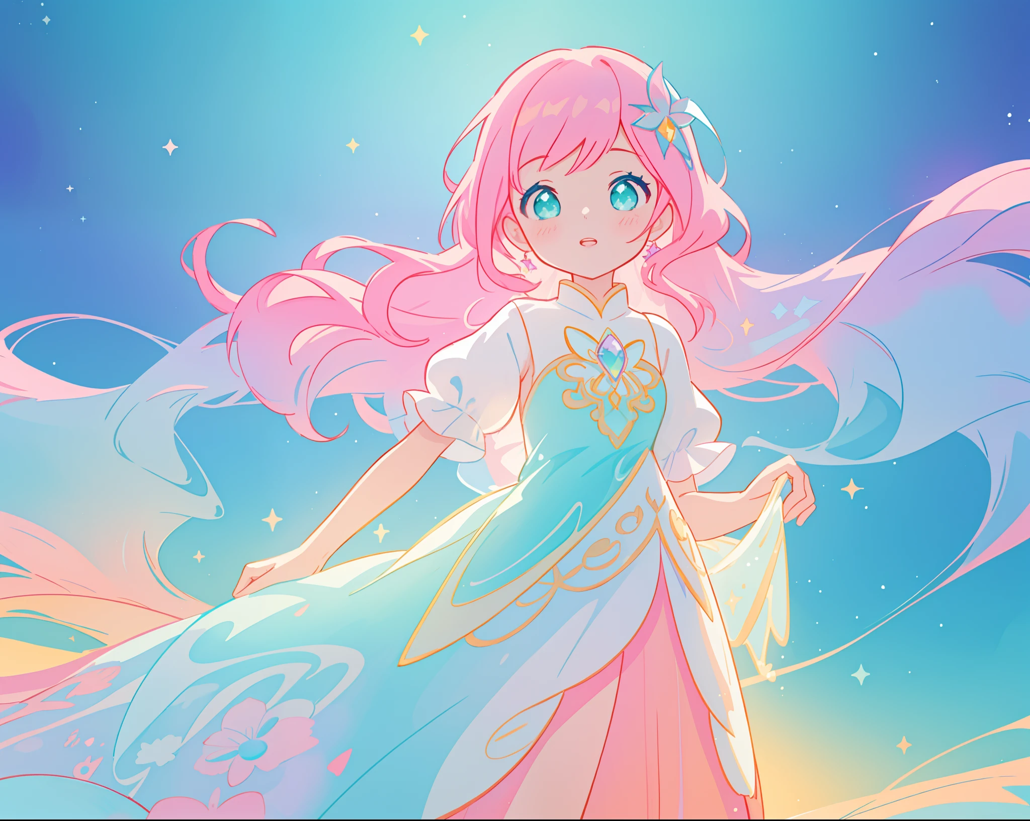 beautiful girl in sparkling white puffy dress, vibrant pastel colors, (colorful), magical lights, long flowing colorful pink hair, otherworldly aqua and blue landscape background, inspired by Glen Keane, inspired by Lois van Baarle, disney art style, by Lois van Baarle, glowing aura around her, by Glen Keane, jen bartel, glowing lights! digital painting, flowing glowing hair, glowing flowing hair, beautiful digital illustration, fantasia background, whimsical, magical, fantasy, beautiful face, ((masterpiece, best quality)), intricate details, highly detailed, sharp focus, 8k resolution, sparkling detailed eyes, liquid watercolor