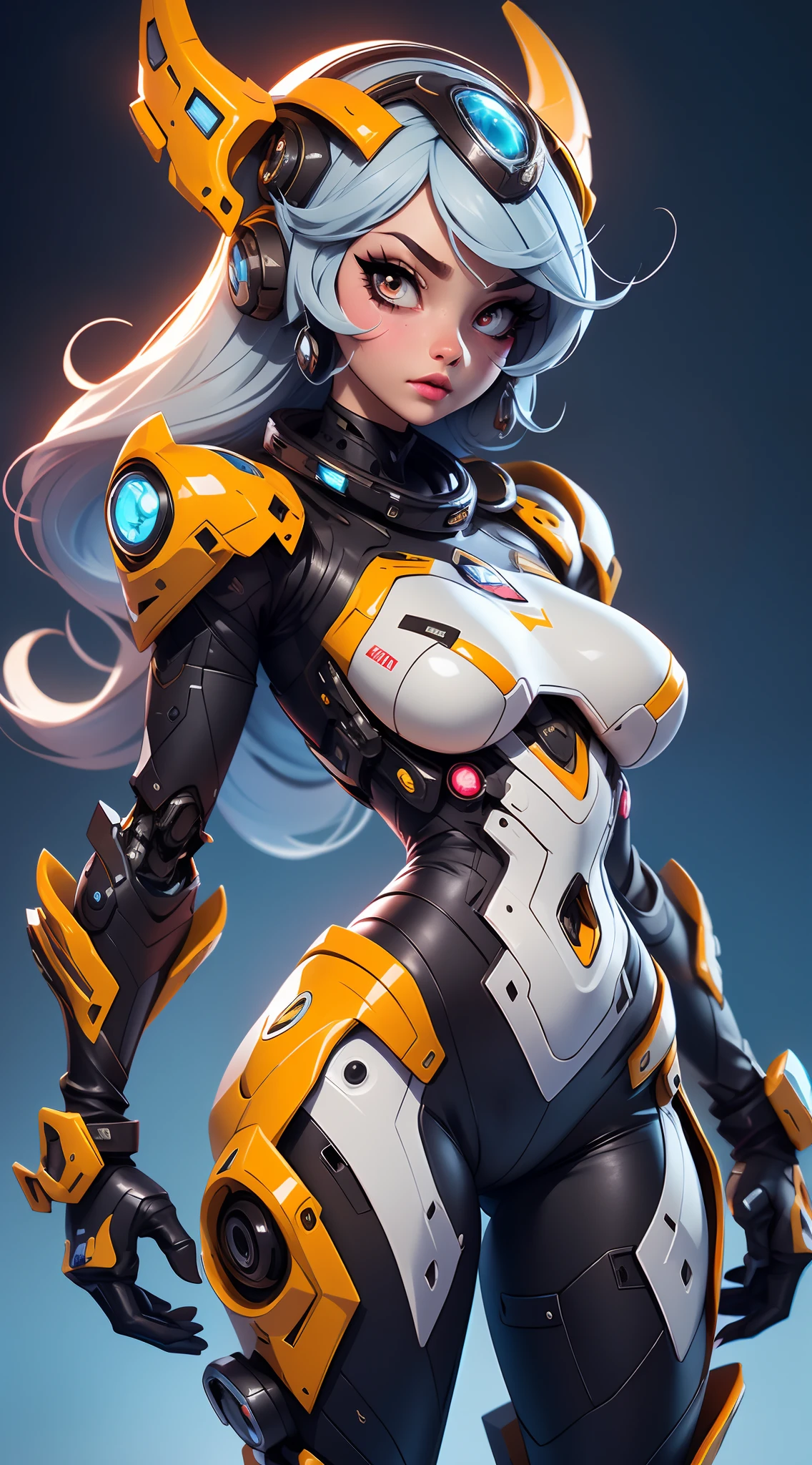 A fantz monster design, Cute robots in space [style-rustmagic]，female robot，Half-human, tmasterpiece， （tmasterpiece， top-quality， best qualityer）， 1girll， solo， tightsuit， nedium breasts， long whitr hair， white backgrounid， ssmile， simplebackground， mediuml breasts， shelmet， looking at viewert， skin tight， sitted， cparted lips， blue skinsuit， the motorcycle， Black gloves， mitts
