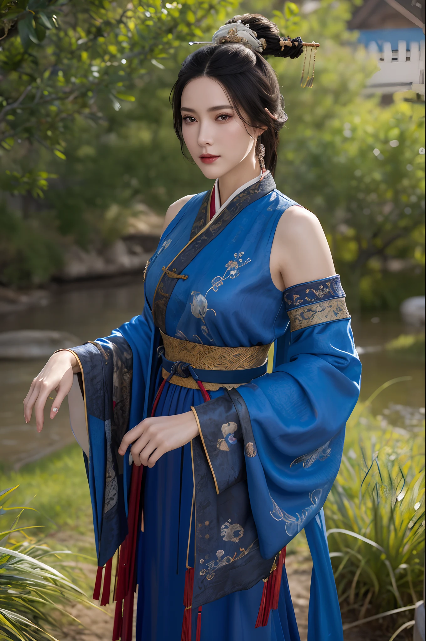 Best quality,Masterpiece,8K wallpaper,absurderes, A high resolution, Ultra detailed, (1 young and beautiful girl, Solo:1.1),Realistic,hair adornments, Black hair,Cowboy shot, hair stick, Chinese clothes, dress, view the viewer, standing, Brown eyes, sash, jewelry,Realistic, Blue dress.Break