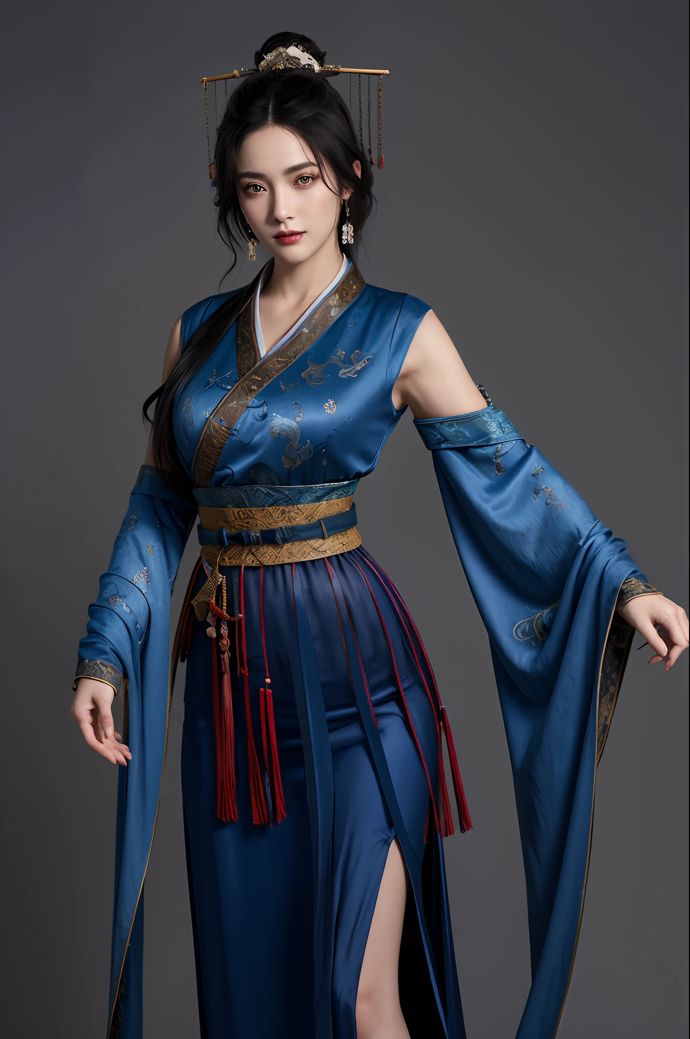 Best quality,Masterpiece,8K wallpaper,absurderes, A high resolution, Ultra detailed, (1 young and beautiful girl, Solo:1.1),Realistic,hair adornments, Black hair,Cowboy shot, hair stick, Chinese clothes, dress, view the viewer, standing, Brown eyes, sash, jewelry,Realistic, Blue dress.Break