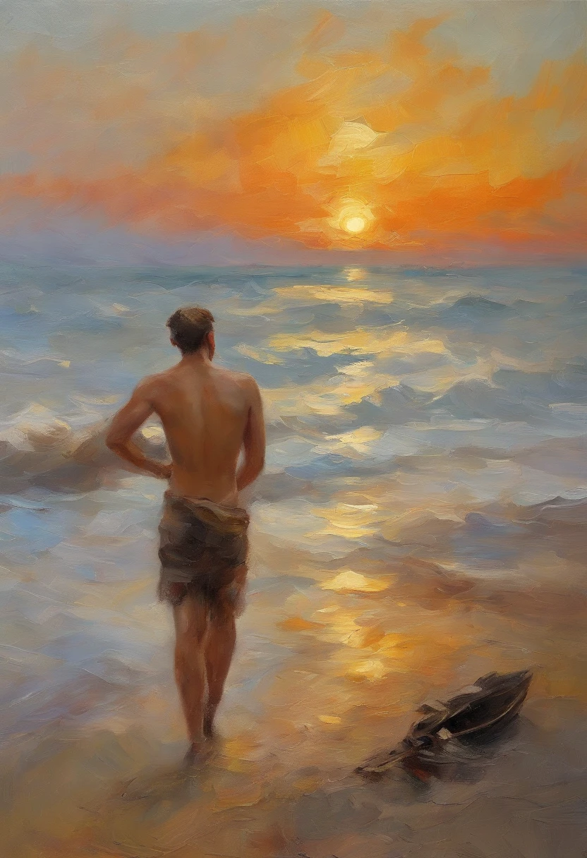 Painting of a man walking on the beach with a surfboard - SeaArt AI