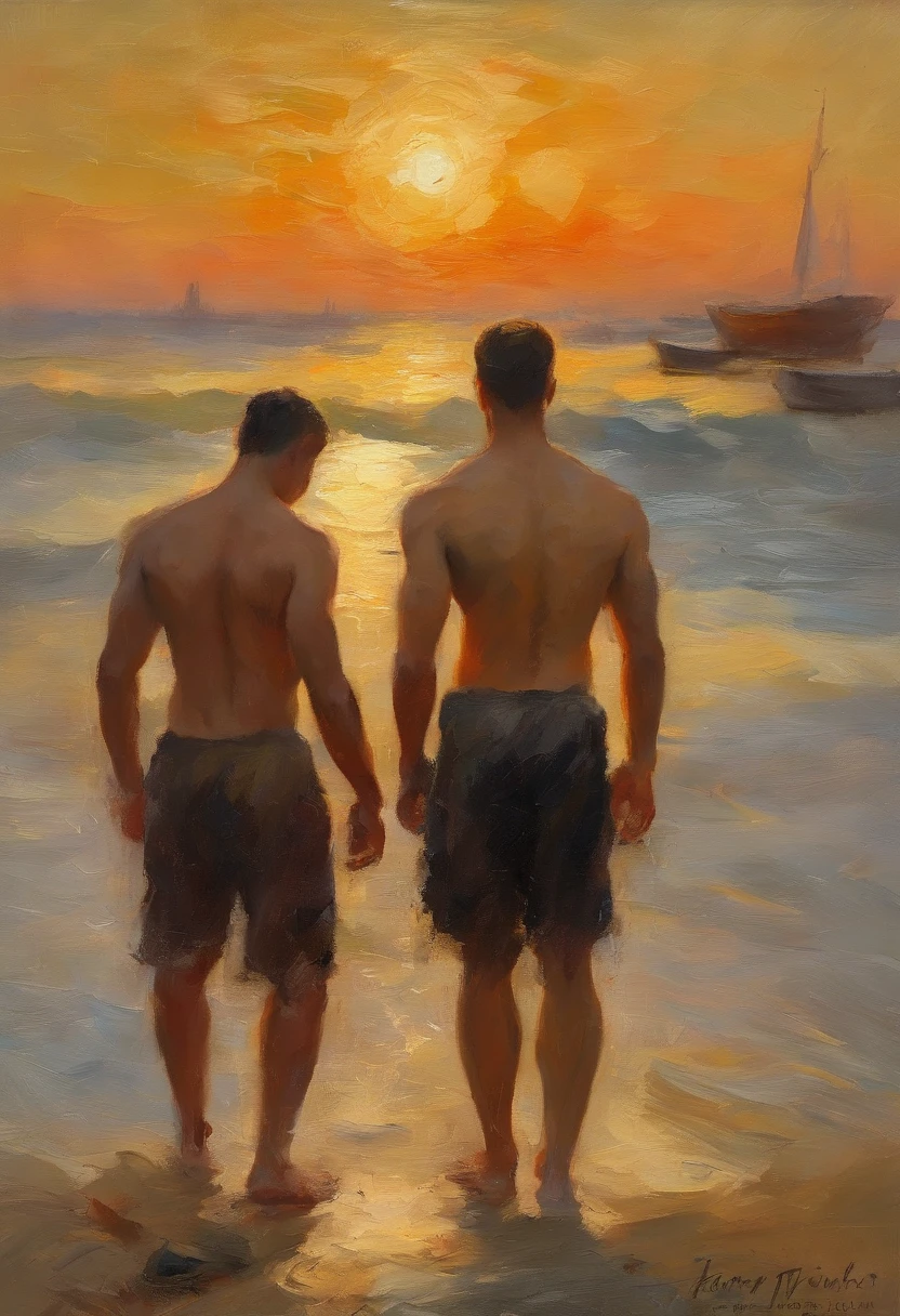 Painting of two men walking on the beach at sunset - SeaArt AI