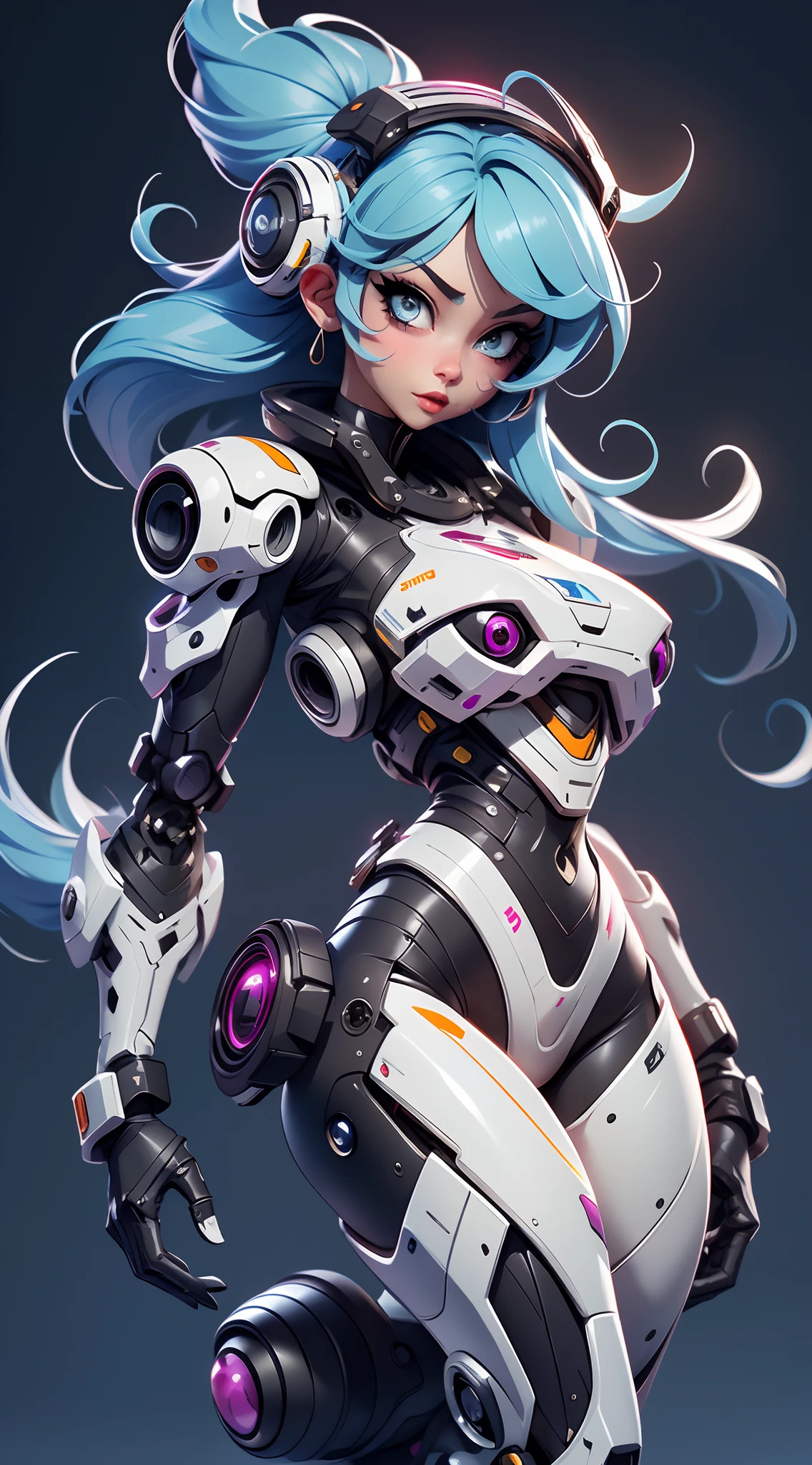 A fantz monster design, Cute robots in space [style-rustmagic]，female robot，Half-human, tmasterpiece， （tmasterpiece， top-quality， best qualityer）， 1girll， solo， tightsuit， nedium breasts， long whitr hair， white backgrounid， ssmile， simplebackground， mediuml breasts， shelmet， looking at viewert， skin tight， sitted， cparted lips， blue skinsuit， the motorcycle， Black gloves， mitts