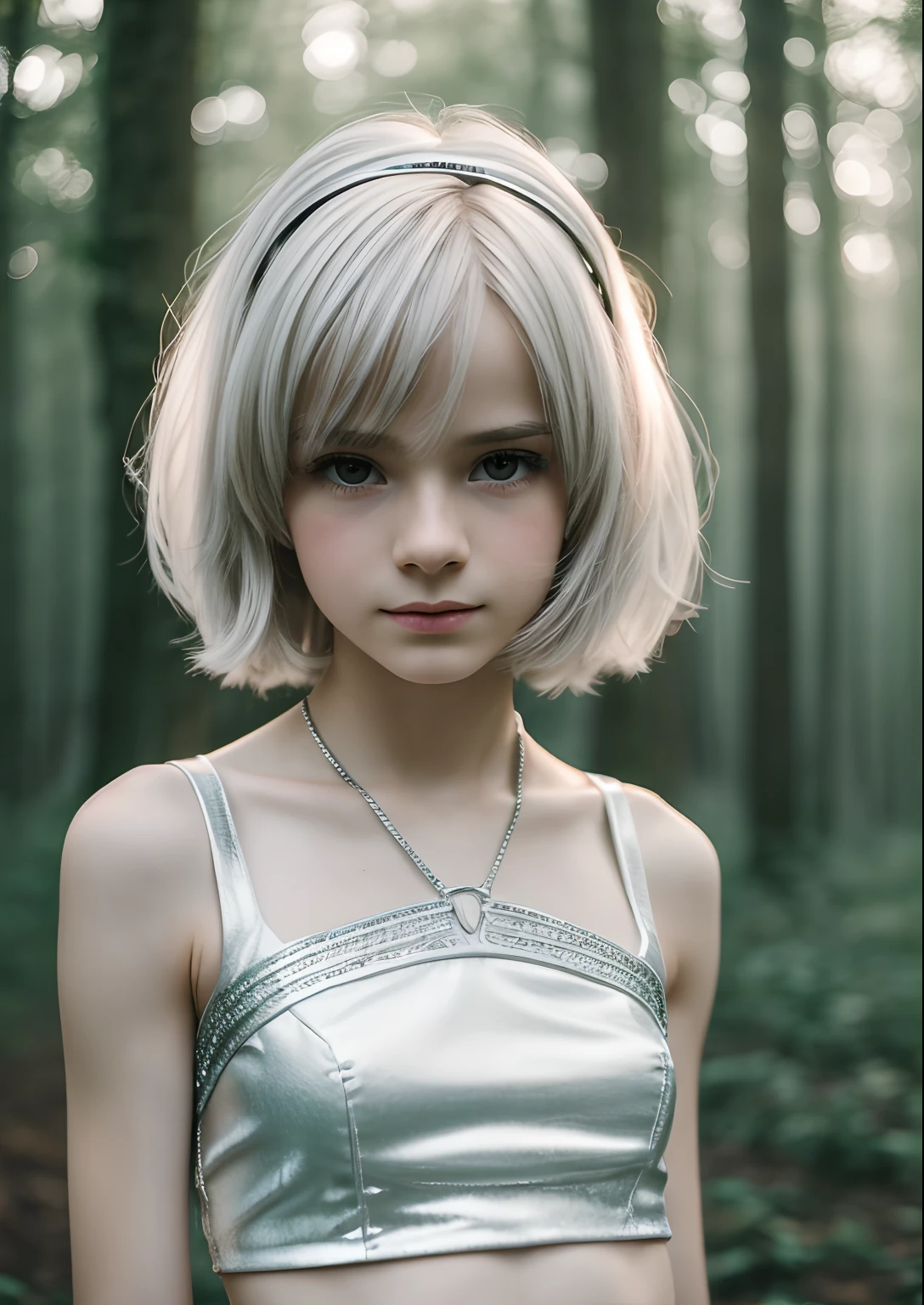 A close up of a young woman with a silver top in a forest - SeaArt AI