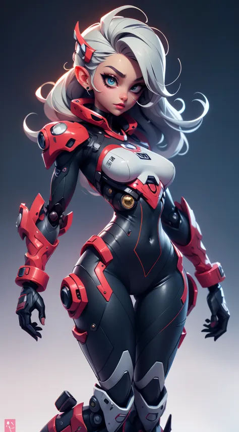 A fantz monster design, Cute robots in space [style-rustmagic]，female robot，Half-human, tmasterpiece， （tmasterpiece， top-quality， best qualityer）， 1girll， 独奏， tightsuit， nedium breasts， long whitr hair， white backgrounid， ssmile， simplebackground， mediuml ...