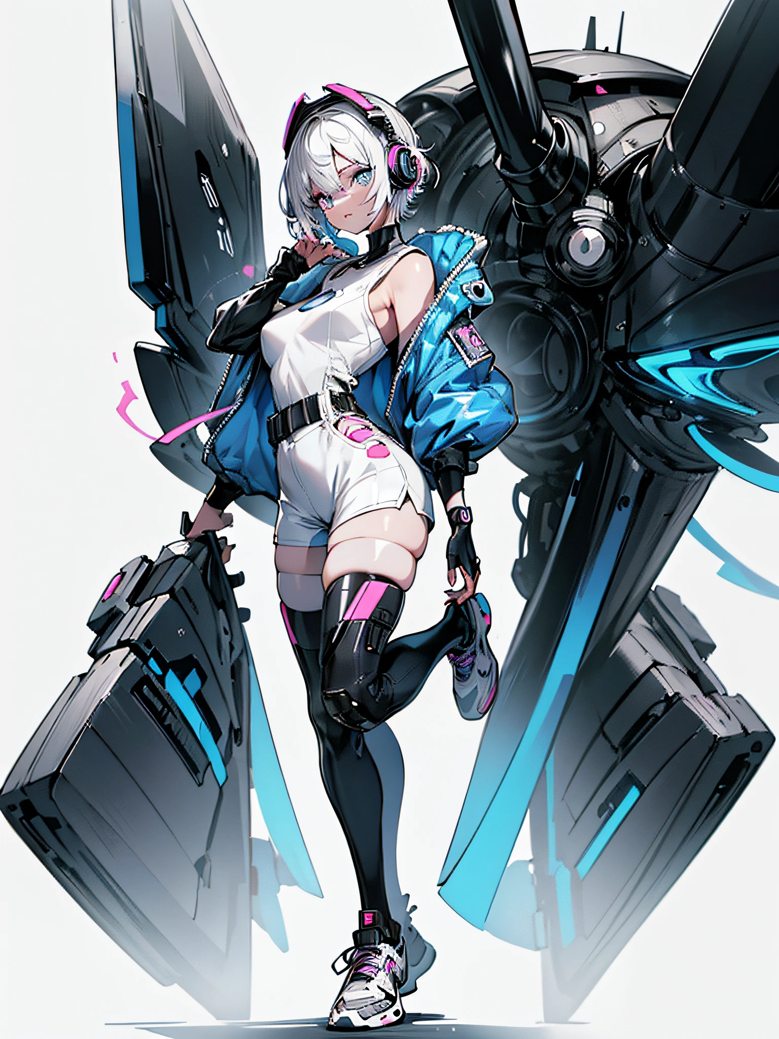 A Woman with short bob hair, long sideburns, barrettes in her hair, heterocrimic eyes, one pink and the other golden, (((wearing a black and white and cobalt scifi technology mask and headphones with complex electronics))), cyberpunk overcoat, shirt ripped shorts with cleavage, tight short shorts, white cyberpunk sneakers, thick legs, big ass, full body, {extremely detailed 16k CG unit wallpaper}, expansive landscape photography, (a bottom view with focus on the character) , (wide open field view), (low angle shot), (high light: 1.5), (low light: 1.2), (warm light source: 1.8), complex details, (iridescent colors: 1.8), ( bright lighting), (atmospheric lighting), dreamy, unique,