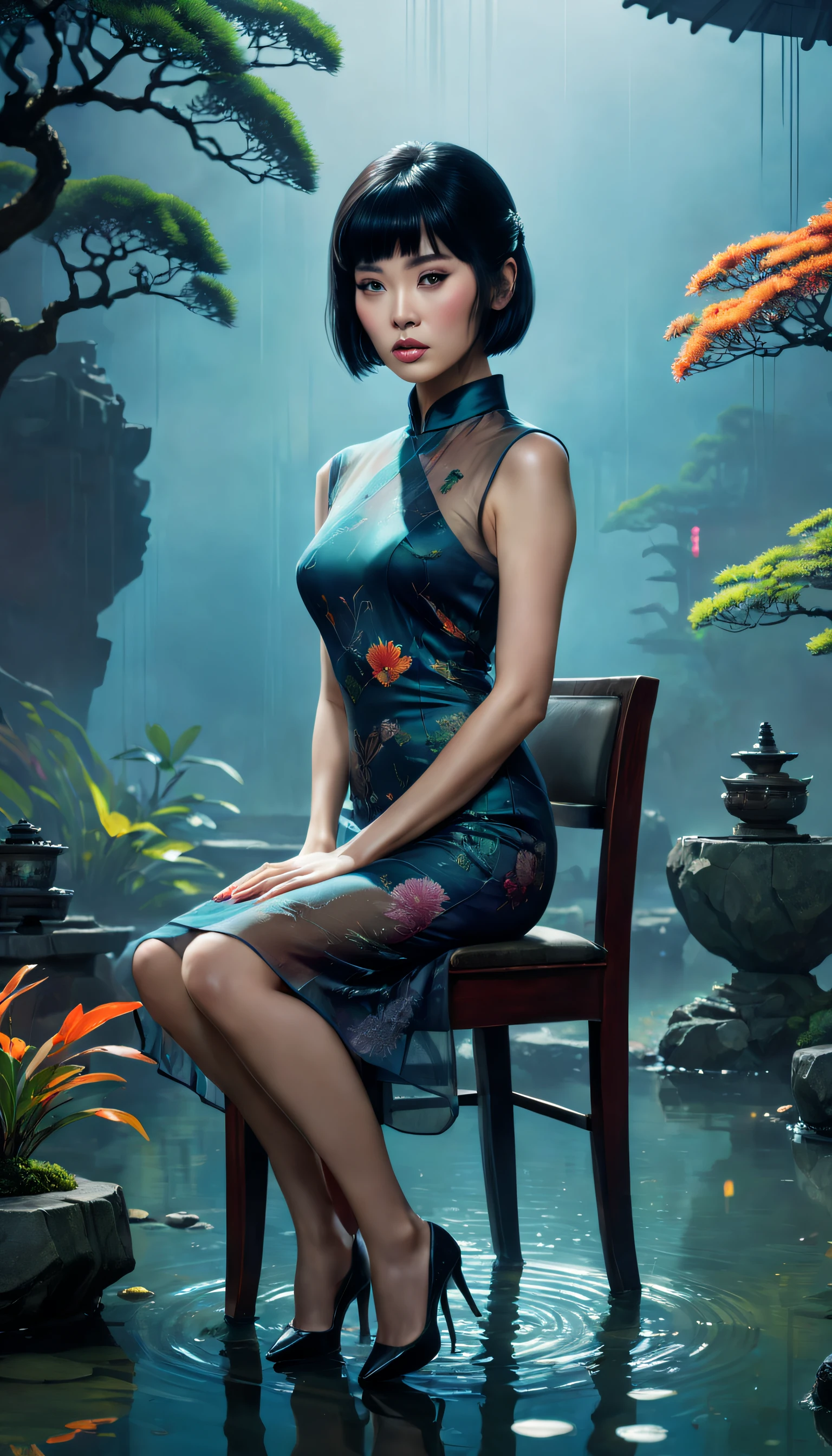 《Blade Runner 2049》(filmposter)，Anna Sterling, Thin sheer cheongsam dress, Black hair, sit on chair,Rock garden and pond, Bonsai。intricately details, Fine details, ultra - detailed, Ray traching, Subsurface scattering, diffused soft lighting, Shallow depth of field, Intricate, High detail, Sharp focus, Dramatic, photorealistic painting art by greg rutkowski