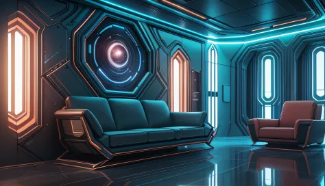 There is a room with sofa and chairs, a room with light, detailed matte paintings by senior environmental artists, 3D renderings...