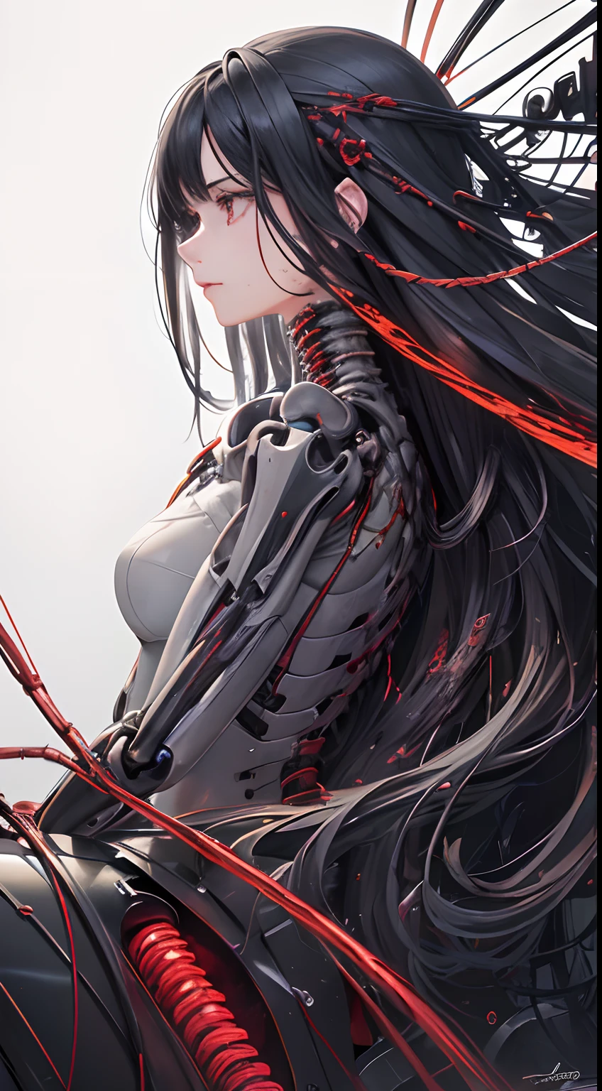 masterpiece, top quality, best quality, official art, beautiful and aesthetic:1.2), (1girl:1.4), (very long flowing black hair) extreme detail, full color, supreme detail ((very detailed)), (very CG illustration detailed), ((very detailed) delicate and beautiful)),(from the side),cinematic light,((1 mechanical girl)),solo,whole body,(machine-made joints: 1.2),((machine-made limbs) ),(blood vessels connected to tubes ),(mechanical spine attached to the back),(bones sticking out)((mechanical spine attached to the neck)),(sitting),no expression,(wires and cables sticking to the neck: 1.2),(wires and cables in head :1.2)(character focus),science fiction,black background,(blood:1.5)