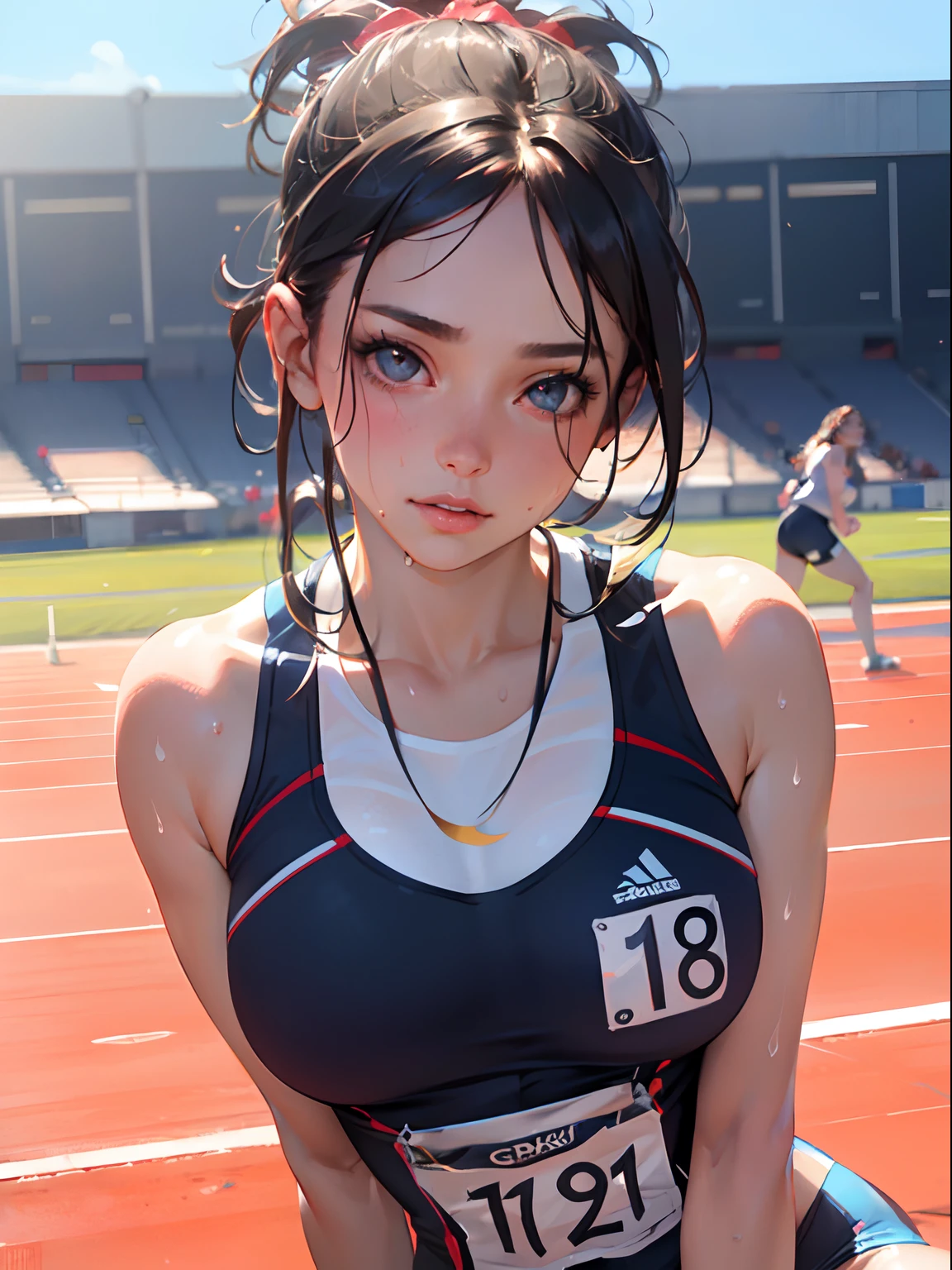 Anime girl with black hair and blue eyes posing on a track - SeaArt AI