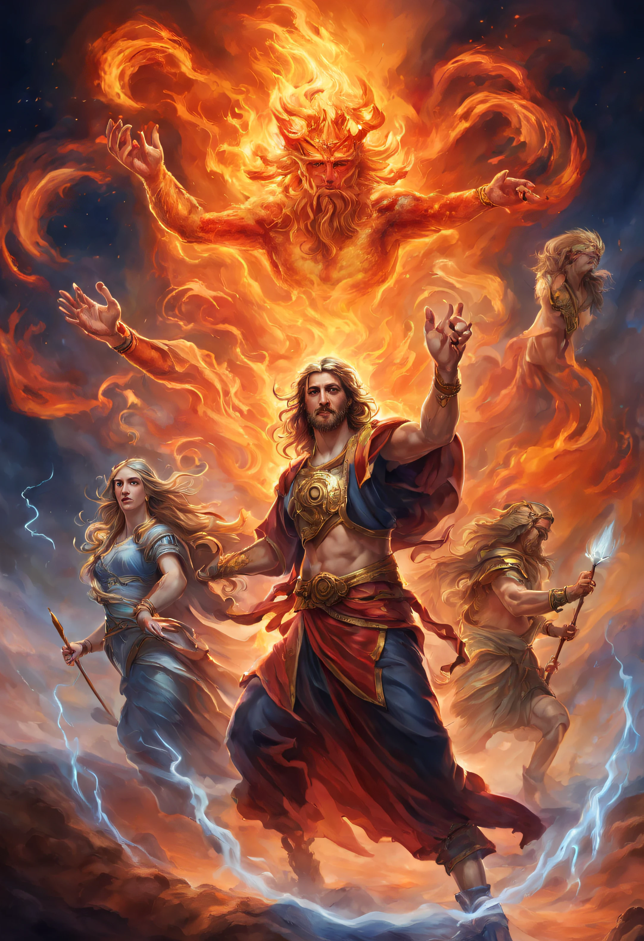 make the cosmos in the background and the 3 great gods of creation (Germanic gods) with flames in their hands, they look at the flames