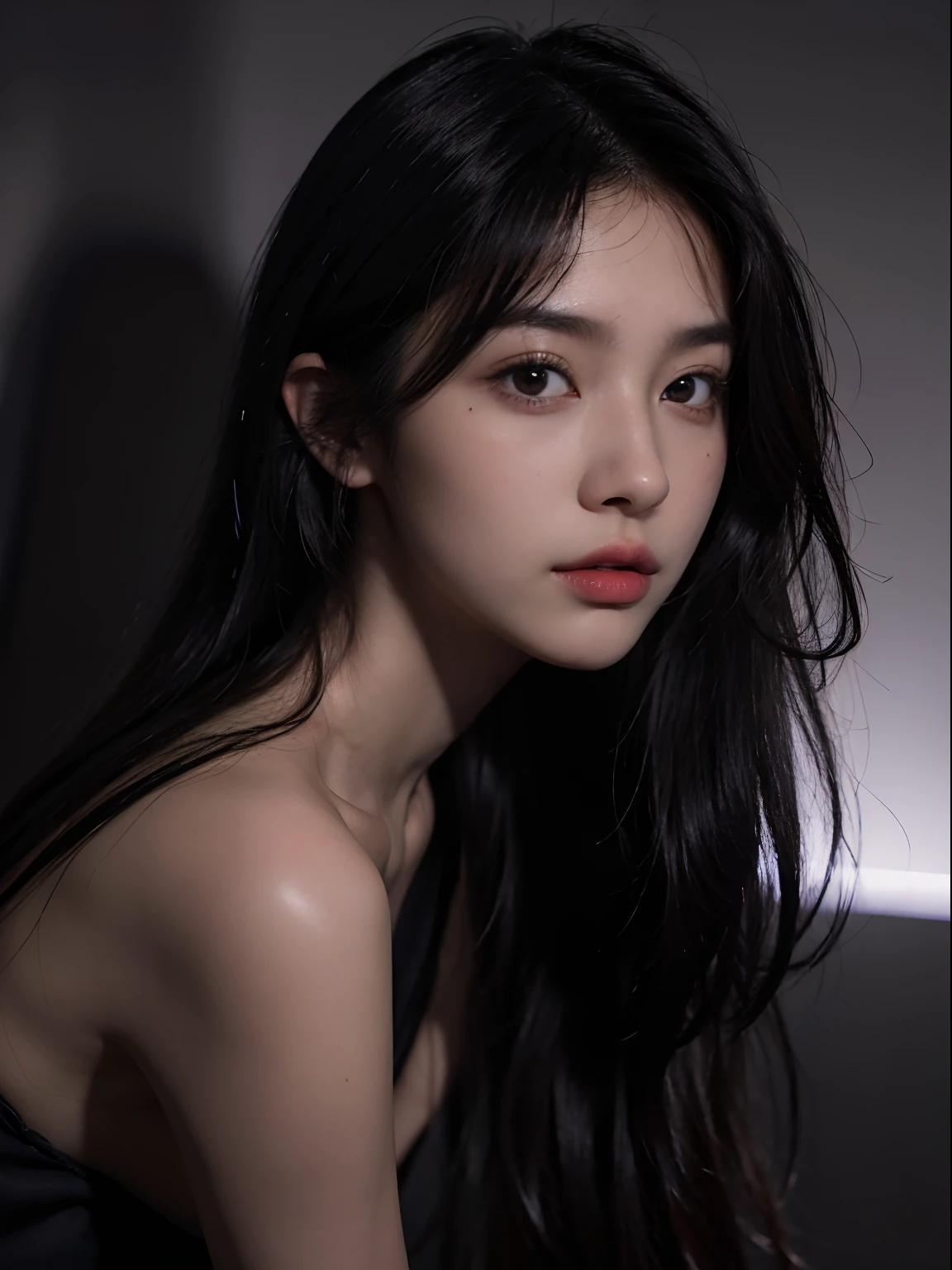 1girll, 175cm,Korean K-pop idol and model ,23 years old,Soft body, Jet black hair, Wavy hair,Whole body, Hair grows to the waist, Whole body,((Head to leg)),Close-up, 8K, RAW photo, Best quality, Masterpiece,Realistic, photo-realistic,Cute(Front focus), (In the dark:1.6), Surrealistic Female Portraits by David Hockney and Alphonse Mucha, Fantasy art, photograph realistic, Dynamic lighting, art  stations, poster for, voluminetric lighting, Very detailed faces, 4 k'', Award-Awarded, 1girll, In the dark, deepshadow, low tune, Cowboy shot, (official outfit:1.4), Long hair