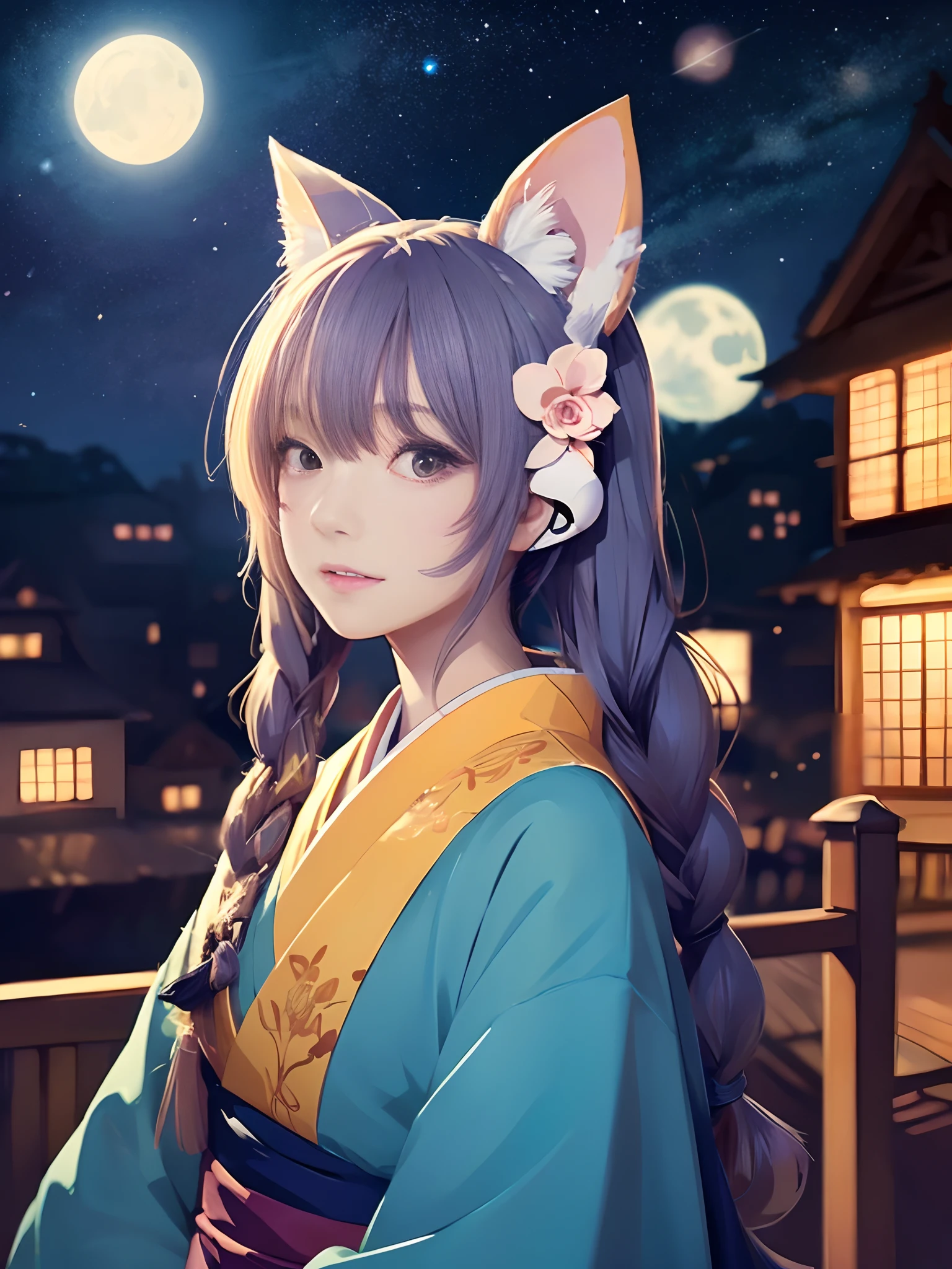 Fille anime aux oreilles de chat dans un costume kimono à oreilles de chat, Regarder l&#39;épaule, dessin animé de Yang J, Gagnant du concours Pixiv, art en série, illustration numérique d&#39;anime, kawashi, Illustration de style animé, Style animé 4k, beau portrait animé, anime style portrait, oeuvre de style anime, Oeuvre de style Guweiz, Illustration animée, art animé numérique, Art animé numérique détaillé, Beau ciel étoilé, ((Belle vue nocturne))