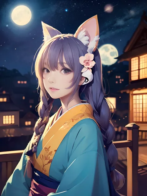 Anime cat-eared girl in a cat-eared kimono suit, Watching the shoulder, Anime drawing by Yang J, Pixiv Contest Winner, serial ar...