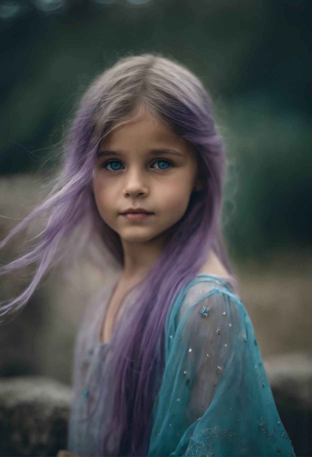 美しい少女, 約8歳. The girl has long light blue 髪, straight 髪, ((乱雑な)) 髪, 前髪)) そして大きな青い目. 女の子はターコイズブルーのチュニックと紫のタイドパンツを着ています. ギリシャ神殿遺跡の背景. 星空.