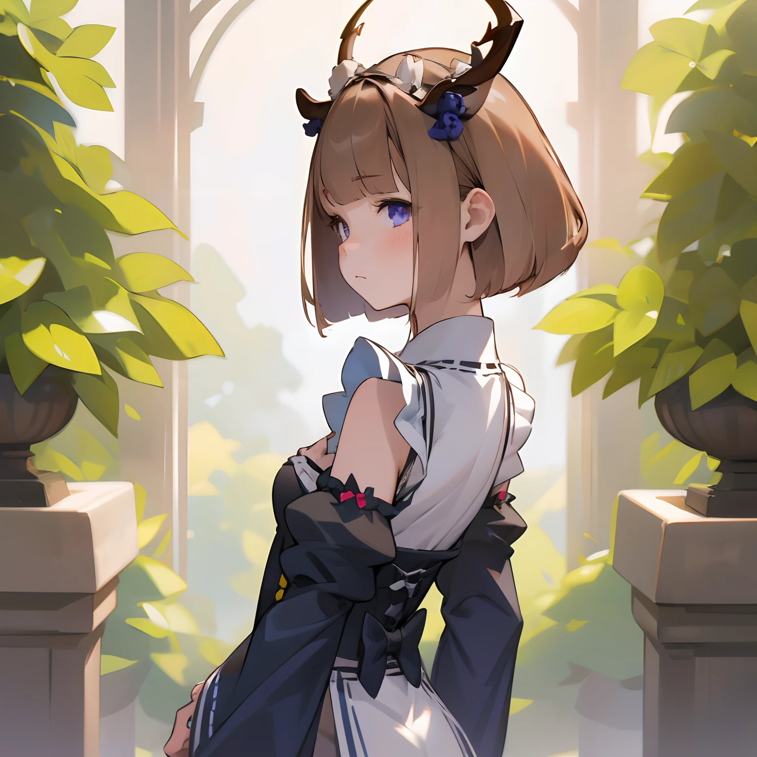 beautiful, masterpiece, best quality, extremely detailed face, perfect lighting, 1girl,deer ears, antlers, brown hair, short hair, blue rose, (roswaal mansion maid uniform:1.3), from behind, small breasts