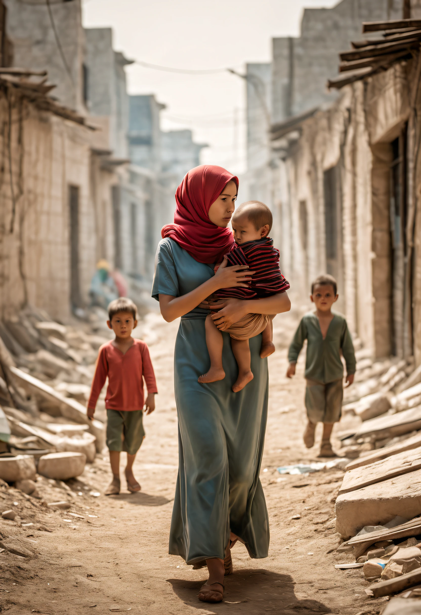 ((电影灯光《巴勒斯坦重拾希望》海报, 80 年代电影海报，一位年轻的母亲，她身后是一群无辜的孩子。母亲的眼神里流露出坚定和责任，她的脸上充满了担忧和对未来的希望。她用双臂拥抱孩子，仿佛默默地保护他们免受战争的侵扰。背景是一片废墟的城市遗址，战争留下的灾难景象。然而，一束微弱但坚定的光芒从废墟中升起，它象征着希望和重生。光照射在母亲和 ，给予温暖和舒适，仿佛在告诉观众，即使在最黑暗的时刻，我们仍然可以找到希望和力量。整个画面的色调将是深蓝色和灰色，它代表了战争的阴暗和悲伤。然而，母亲和孩子们穿着鲜艳的衣服，代表着生命的活力和对美好未来的向往。在屏幕底部，影片名称采用简洁有力的英文字体印刷：“巴勒斯坦充满希望”。这不仅代表了电影的主题，这也是对观众的呼吁：我们一起工作吧，让希望在战争中升起))，标题, 和致谢, 高分辨率, 极其详细, 鲜艳的颜色, 戏剧灯光, 实际的, 运动装, 散景, 電影, 有创意的设计, 气氛紧张, 深色背景, 悬念重重, 阴影人物, 忧郁的语调, 出色的排版, 艺术构图, 动态角度, 对比色, 景深, 惊人的视觉效果, 强烈的情感, 令人难忘的图像, 迷人的视觉效果, 大气设置, 戏剧, 神秘的氛围, 精湛工艺, 真人, 有趣的故事, 专业艺术品, 引人入胜的故事情节, 神秘的表达, 電影 style, 发人深省的象征意义, 引人入胜的海报设计, 标志性视觉效果, 智能执行, 视觉震撼, 视觉吸引力, 引人注目, 难忘, 让人想起经典电影海报，