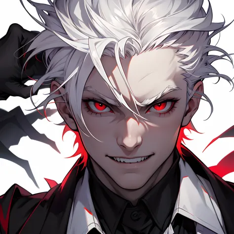 (masterpiece), best quality, expressive eyes, perfect face, male, solo male, white hair, red eyes, pale skin, psychotic smile, looking at the camera, short white hair, perfect red eyes, vampire fangs, black modern clothes