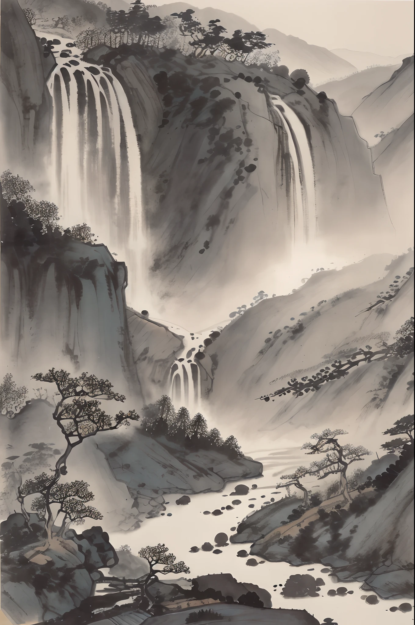 中国の風景画，墨と水彩画，木，植生，小さな滝