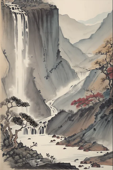 Chinese landscape painting，ink and watercolor painting，the trees，vegetation，small waterfalls，Beutiful women