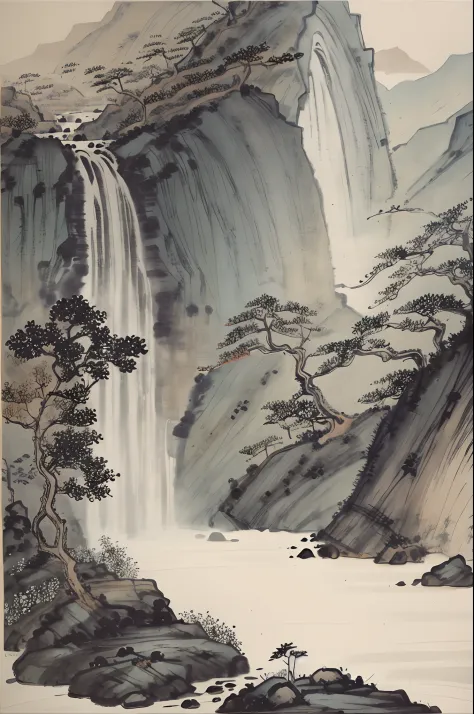 Chinese landscape painting，ink and watercolor painting，the trees，vegetation，small waterfalls，Beutiful women