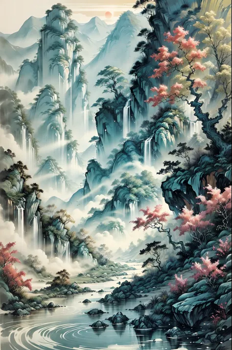 rivulets，(in the middle is a small stream:1.5)，there are trees and rocks, chinese landscape, chinese style painting, detailed sc...