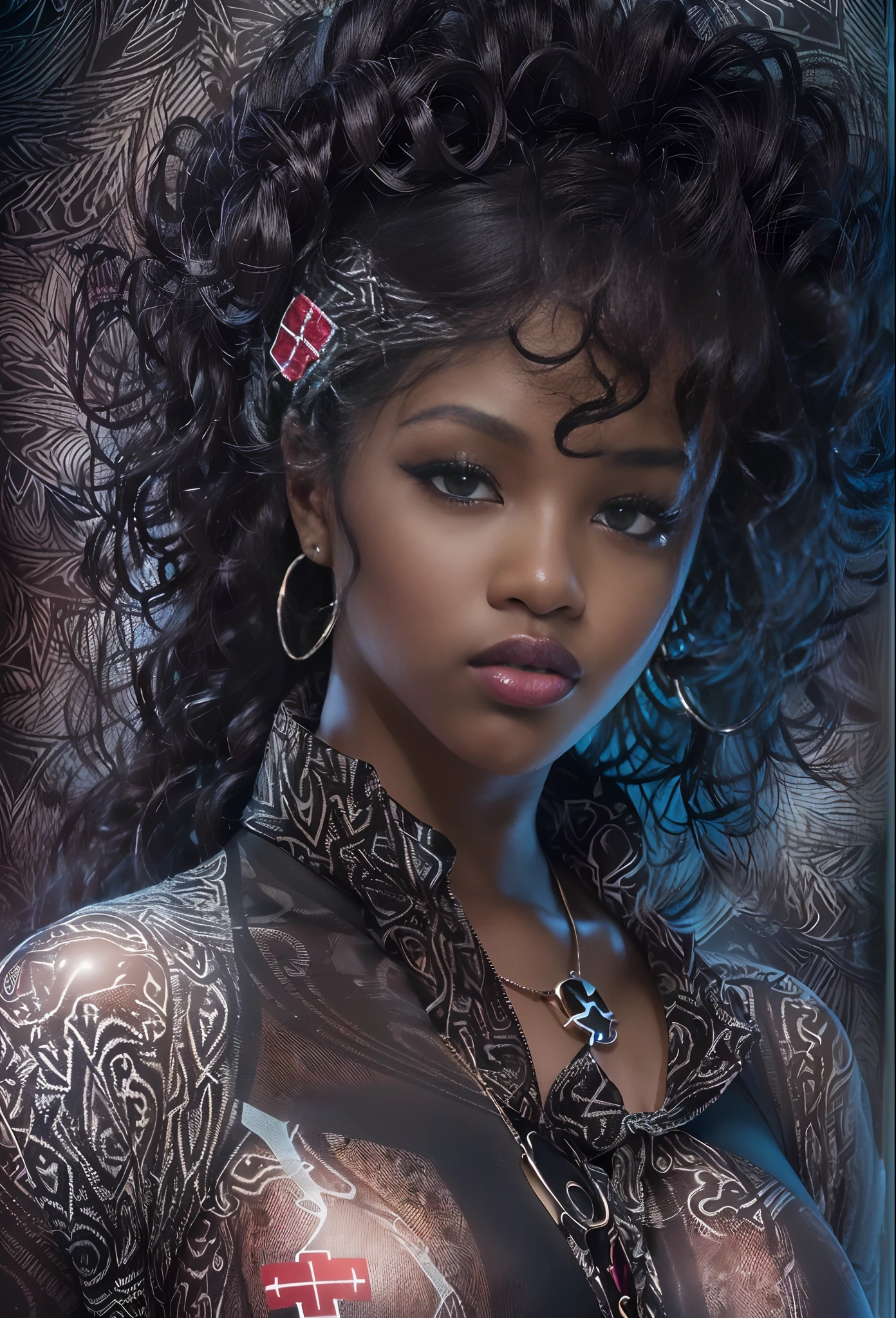 ((21-year-old))) black girl, (((light skin))),  (((close-up full body pose))),  (((long curly black hair))), (((patterned pantyhose))), (((wearing nurse outfit mostly unbuttoned))), dark fantasy art, Rich, Deep Colours, (intricate details:0.9), (HDR, hyper-detailing:1.2), (natural skin textures, hyper realisitc, glistening skin, soft light, Sharp),