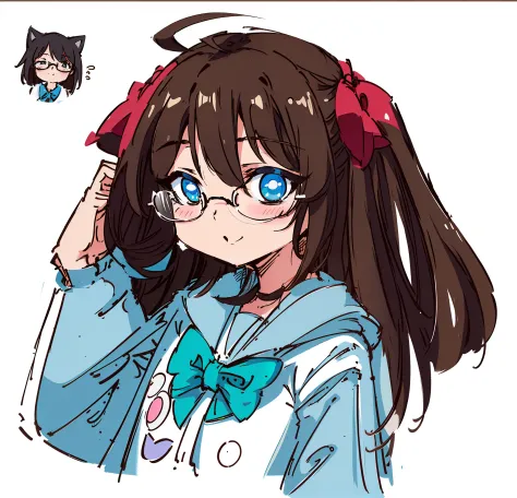 a drawing of a girl with glasses and a cat's face, light brown hair, blue eyes, school uniform, anime sketch, anime moe artstyle, line sketch, with index finger, with glasses, sketchy artstyle, full color, clean anime outlines, in an anime style, ((portrai...