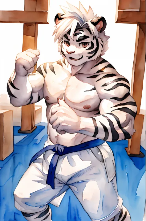Hominidae, Pose for Camera. 4K, high resolution, Best quality, posted on e621, (Anthropomorphic white tiger:1.2), male people, 20yr old, Thick eyebrows, Light blue stripes, Ultra-short hair, shaggy, Strong body, large pecs, ((Shirtless)), He is practicing ...
