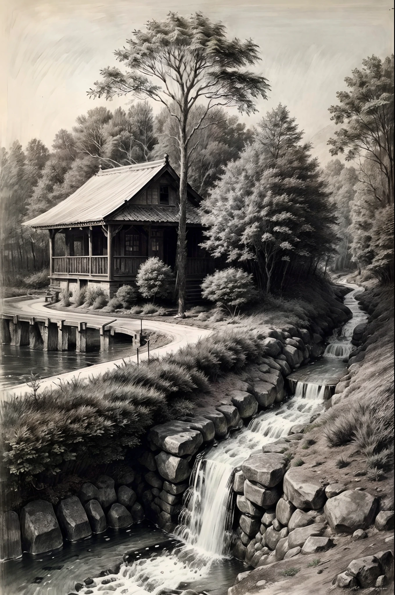 La description originale est originale，des dessins au trait，petits ponts，(Le ruisseau au milieu:1.5)，les arbres，pavillon