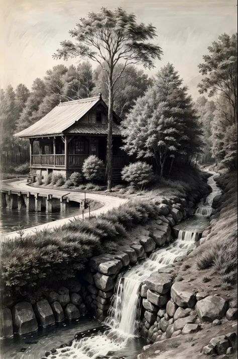 The original description is original，Line drawings，small bridges，(The stream in the middle:1.5)，the trees，Pavilion