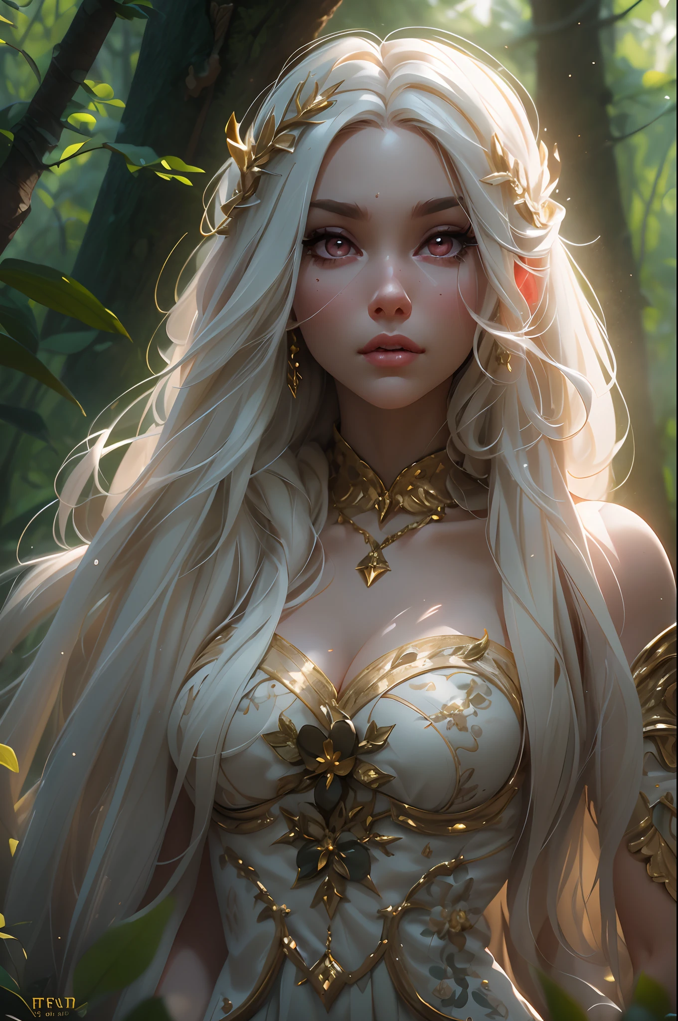 A stunning girl with long white hair, Fair skin, and red eyes, In the forest with cinematic lighting, Dark and low light. She wore a golden white dress, Her eyes focused, looking at viewert. Her skin is fair, Her face is delicate and flawless, A masterpiece, highest quality art. The image is a very detailed 8K CG wallpaper, Features artistic cinematic lighting and cinematic tones with neutral filters.