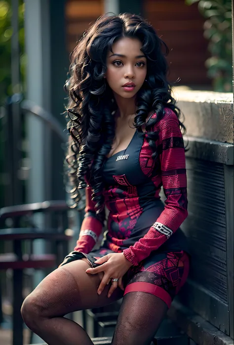 ((21-year-old))) black girl, (((light skin))),  (((close-up full body pose))),  (((long curly black hair))), (((patterned pantyh...