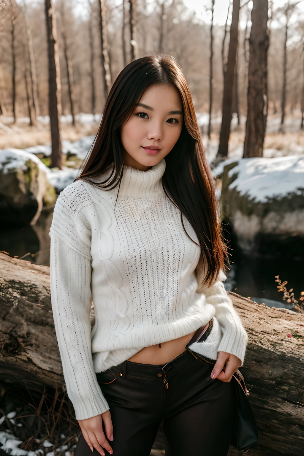 Chinese young woman photo, Sweaters for winter hiking, cabelos preto e longos, (highdetailskin:1.2), 8K  UHD, Digital SLR, Soft lighting, High quality, filmgrain, Fujifilm XT3,