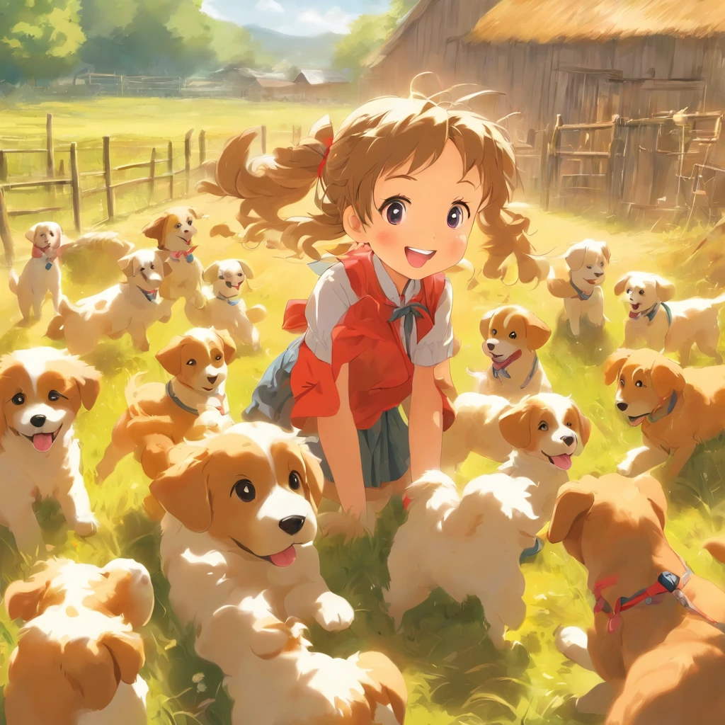 1 little rural girl and( 4 pcs)Happy puppy，Play on the farm。Best quality at best，The best artwork，rich colours，Originality